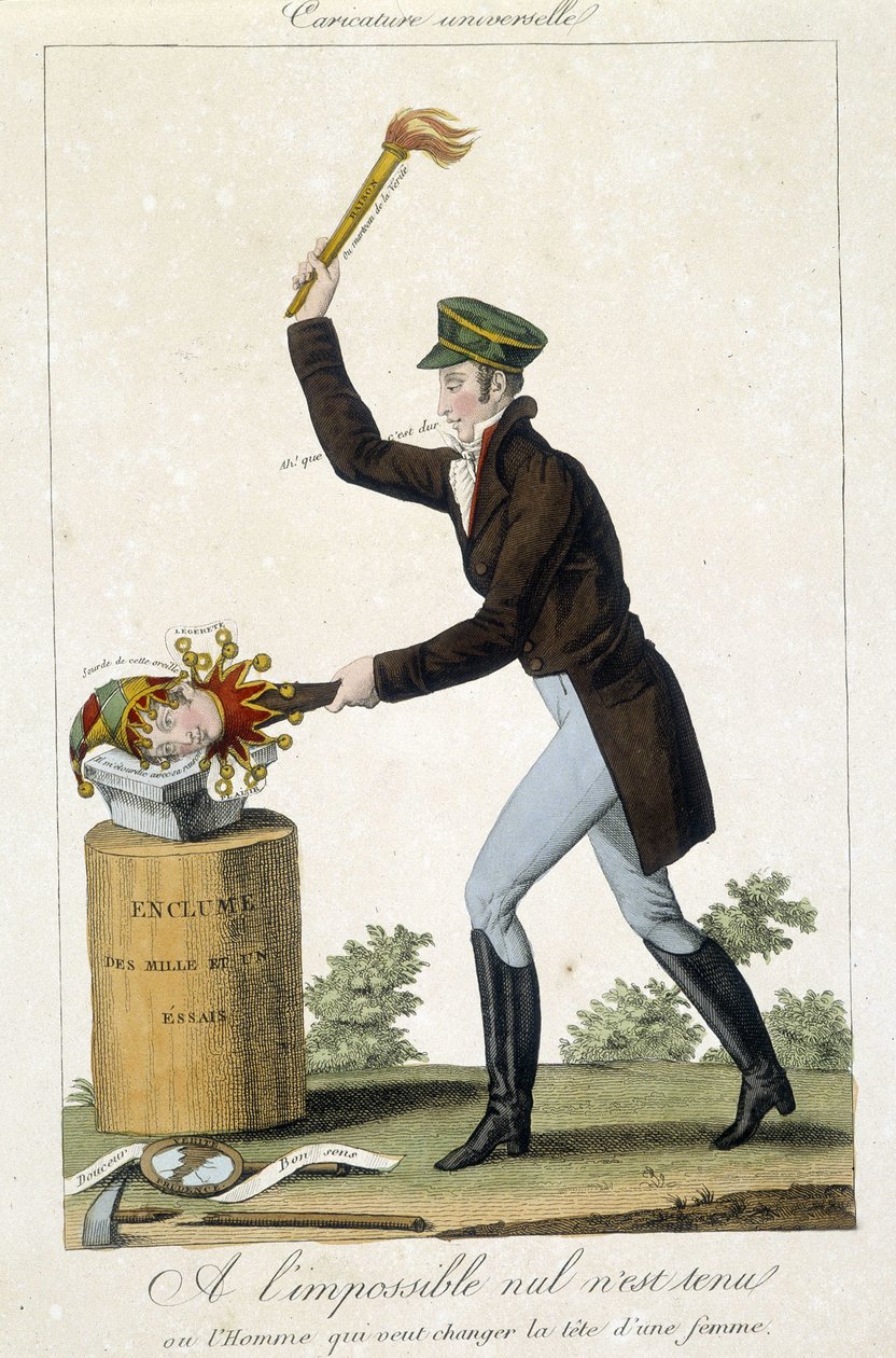 Cartoon on Love: To the Impossible No One is Held or the Man Who Wants to Change the Head of a Woman by School French