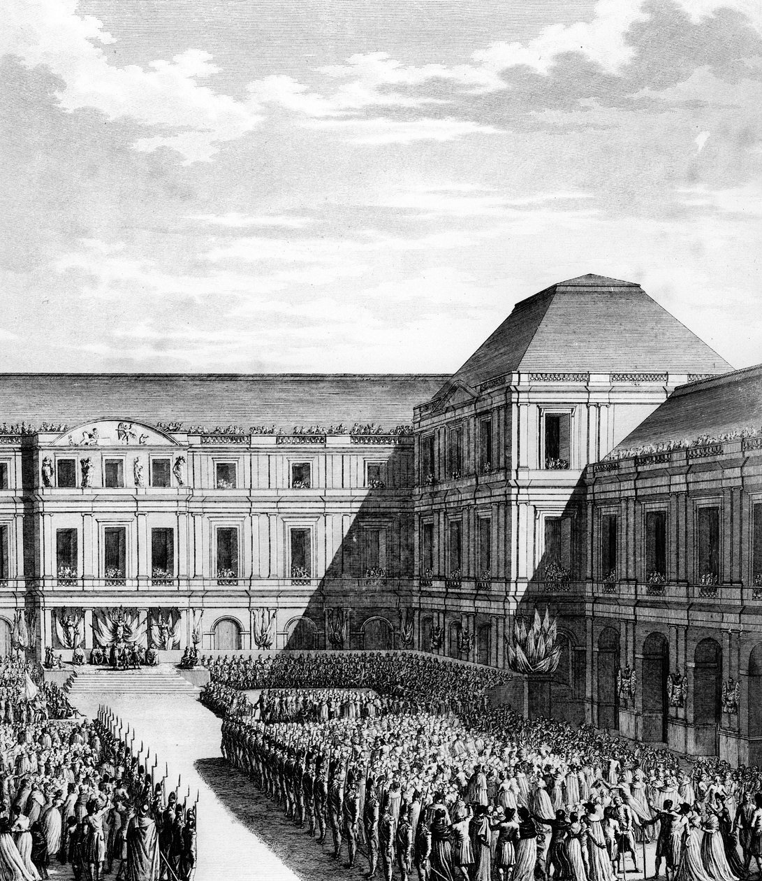 Fete given by Napoleon I Bonaparte at the Palais national du Directoire (Palais du Luxembourg) in Paris after the trade of Campo Formio on 20 frimaire An VI (10 December 1797). Paris, Library of the Institute of History of Revolution by School French