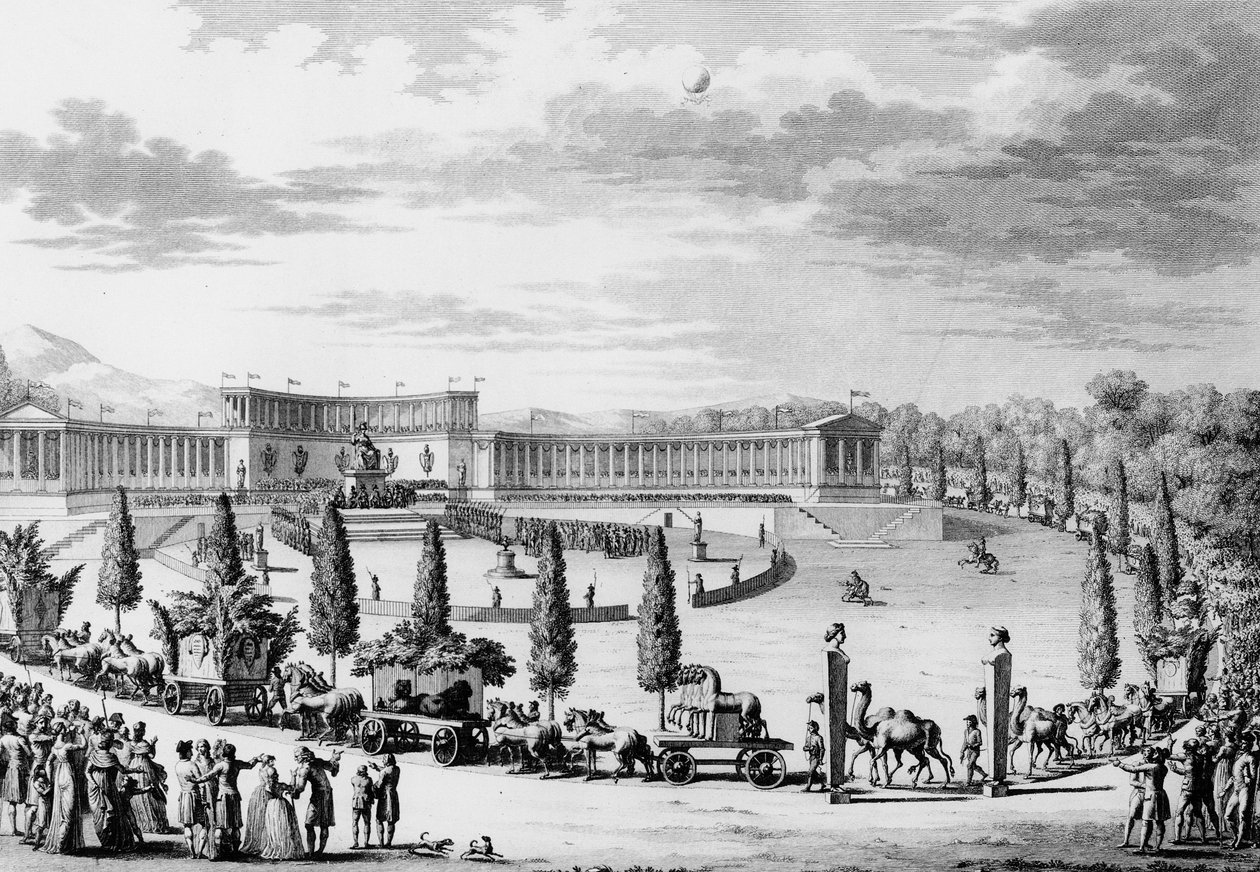 French Revolution: Fete for the triumphant entrance of the monuments of science and arts in France on 28 July 1798 under the orders of Consul Napoleon Bonaparte (looting campaign) by School French