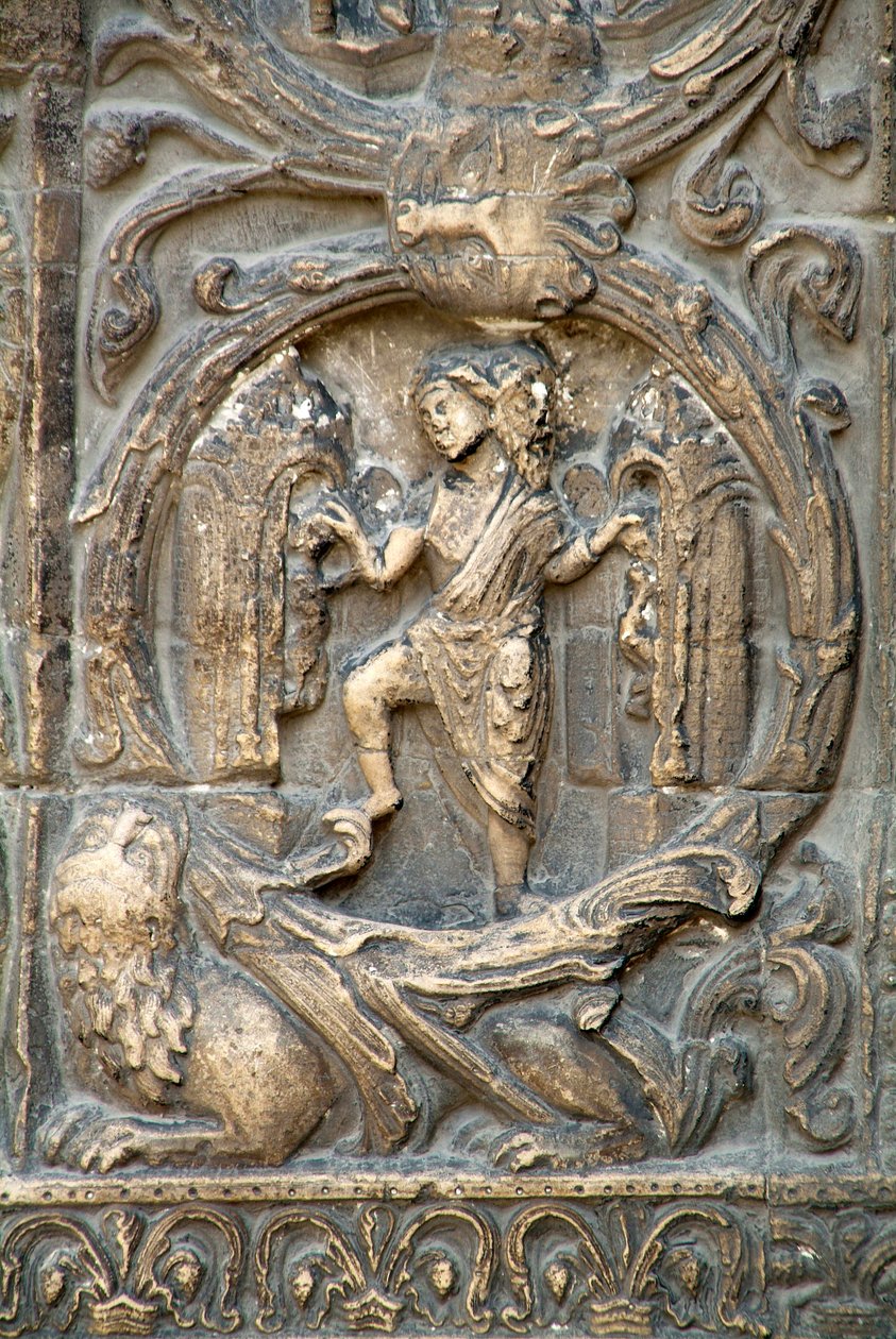 Gothic Art: Piedroit of the right-hand portal of the western facade of the Basilica of Saint Denis representing the work of the fields: January. Saint-Denis, France by School French