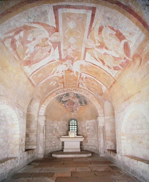 The Crypt, from the earlier church of 1030, with frescoes of Christ on a white horse surrounded by angels, from the 12th century by School French