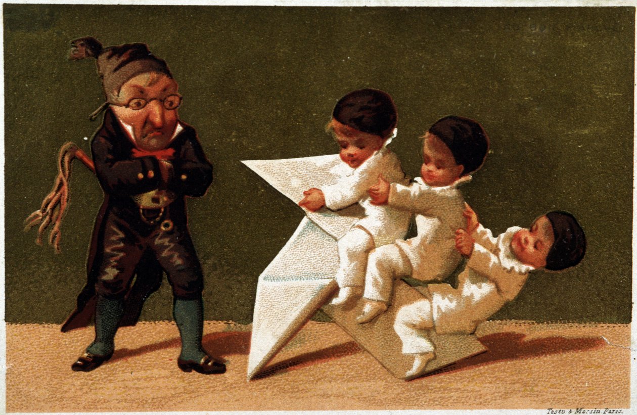 The teacher and the garments (the paper cooker) - chromo label of Bon Marché by School French