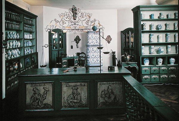 Reconstruction of a pharmacy with 18th century furniture and objects from the 12th-18th century by School German