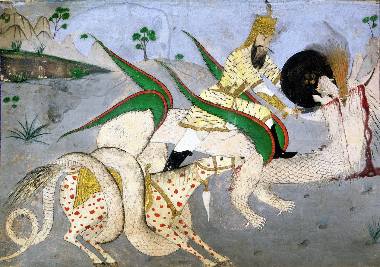 A mounted warrior attacking a dragon, illustration from a book on Indian mystics by School Indian