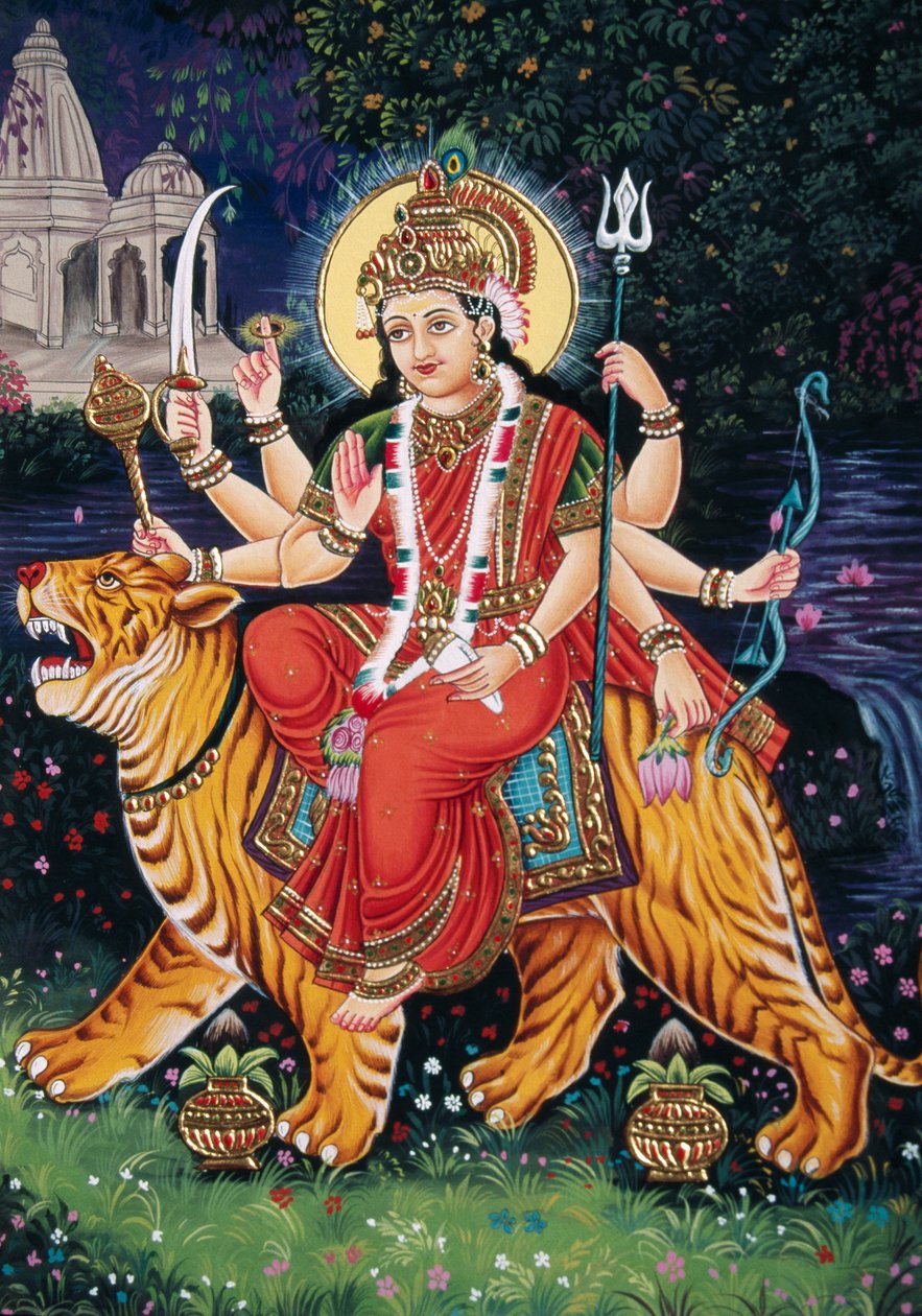 Goddess Durga with Embroidery by School Indian