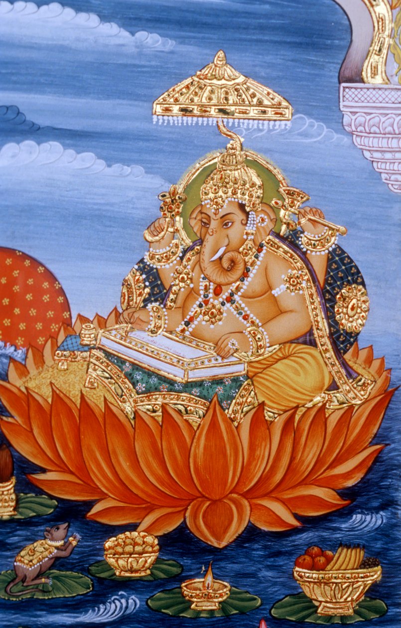 Lord Ganesh Ganpati Miniature Painting Writing Scripture by School Indian