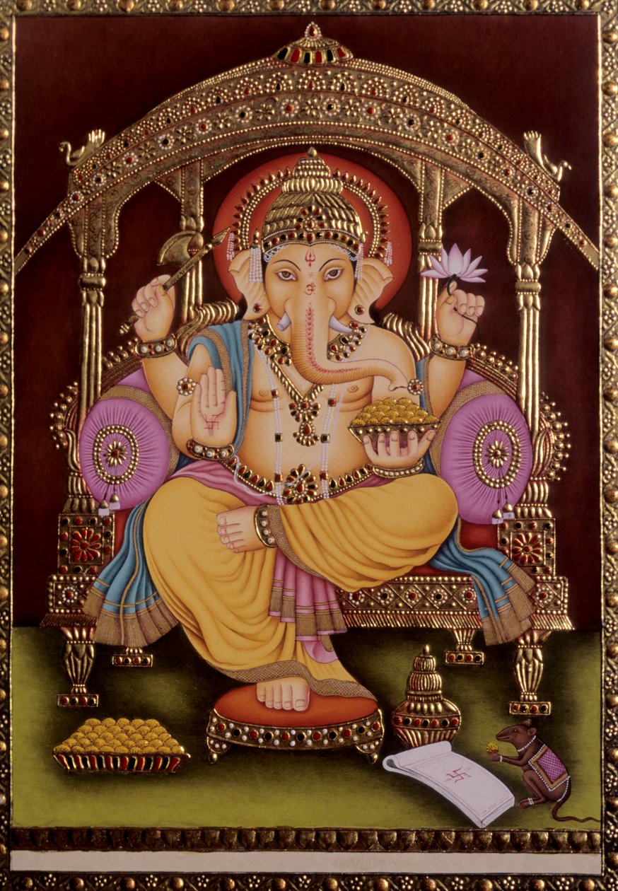 Lord Ganesh Ganpati Miniature Painting on Paper with Gold Embossing by School Indian