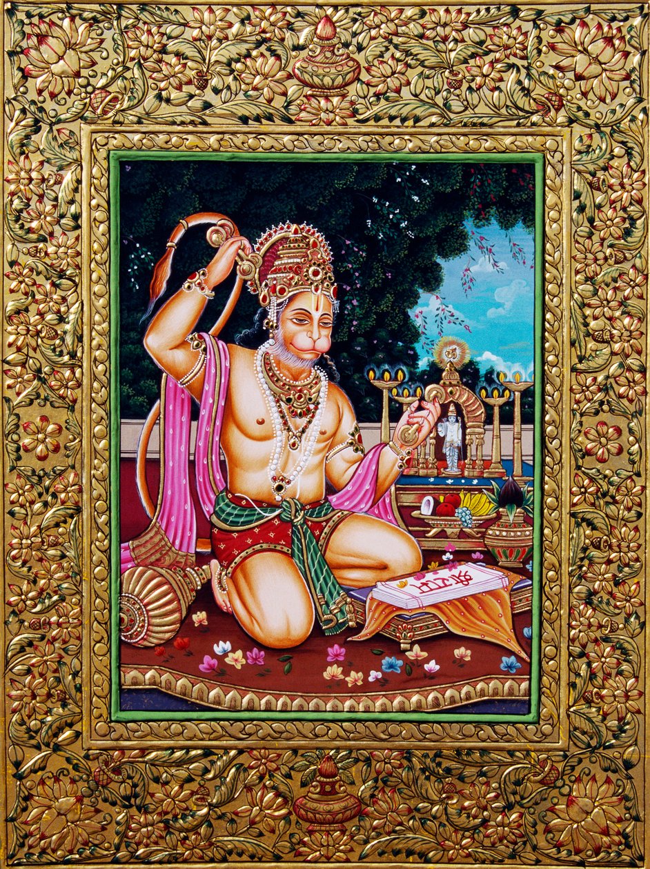 Lord Hanuman Miniature Painting Paper with Golden Embossing by School Indian