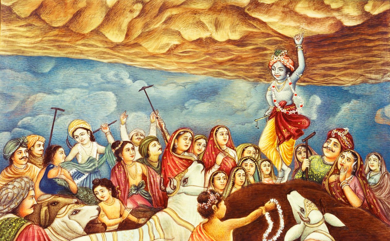 Lord Krishna Lifting Mountain Miniature Painting by School Indian