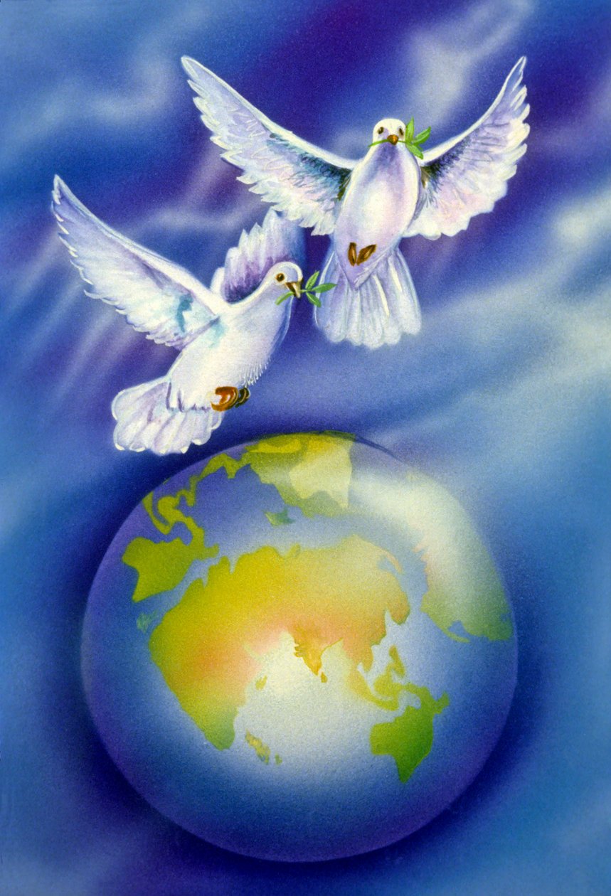 Miniature Painting of Doves, Lovers, Symbol of Peace by School Indian