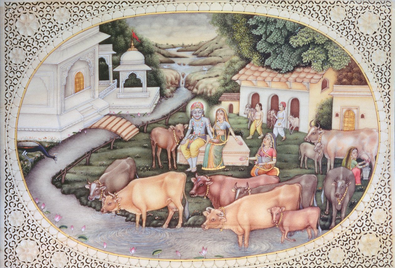 Miniature of Krishna and a Milkmaid Seated in a Field with Cattle by School Indian
