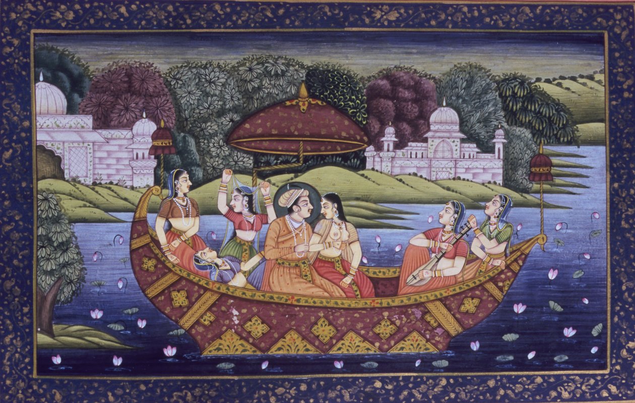 Mughal Miniature Painting on Paper, King Love Scene and Enjoying Music in Boat by School Indian