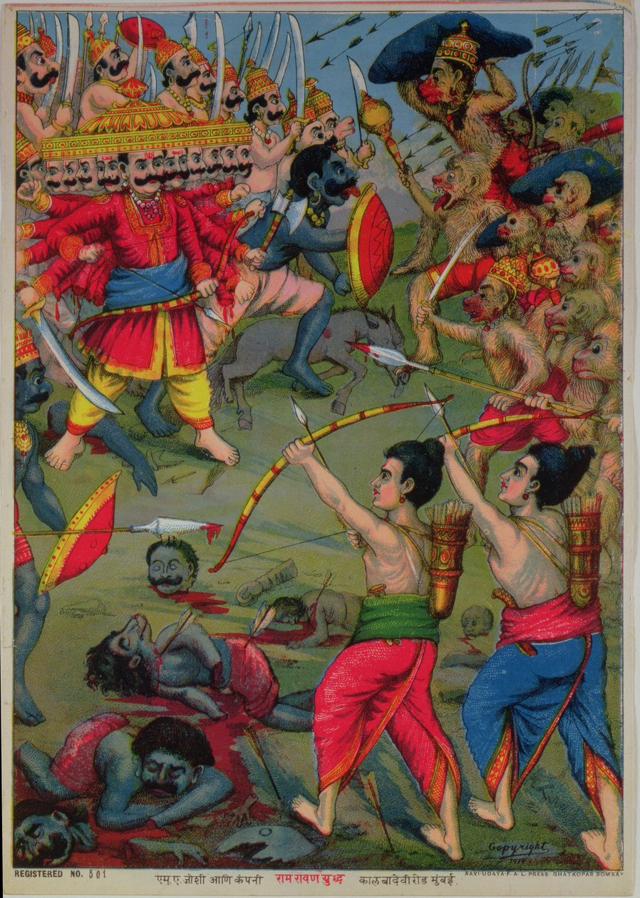 Rama and Lakshmana in Battle with Ravana, Ramayana Epic, c.1914 by School Indian