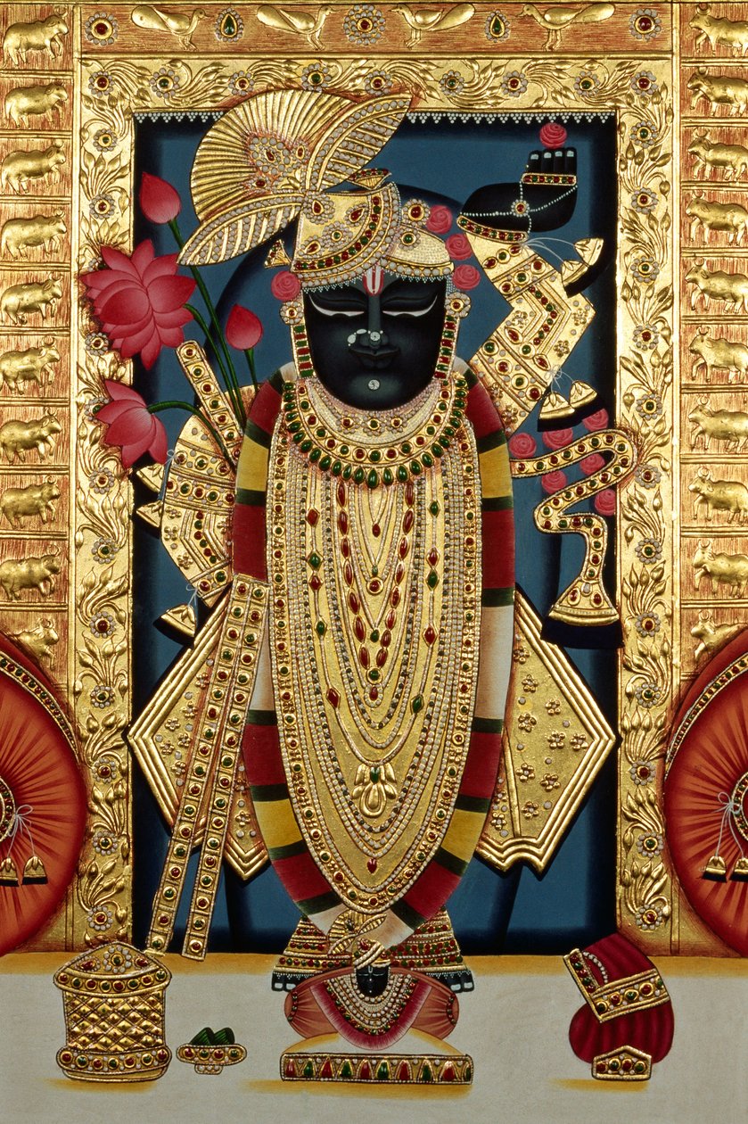Shri Lord Shree Nathji Or Shreenathji at Nathdwara Miniature Painting on Paper with Gold Embossing by School Indian