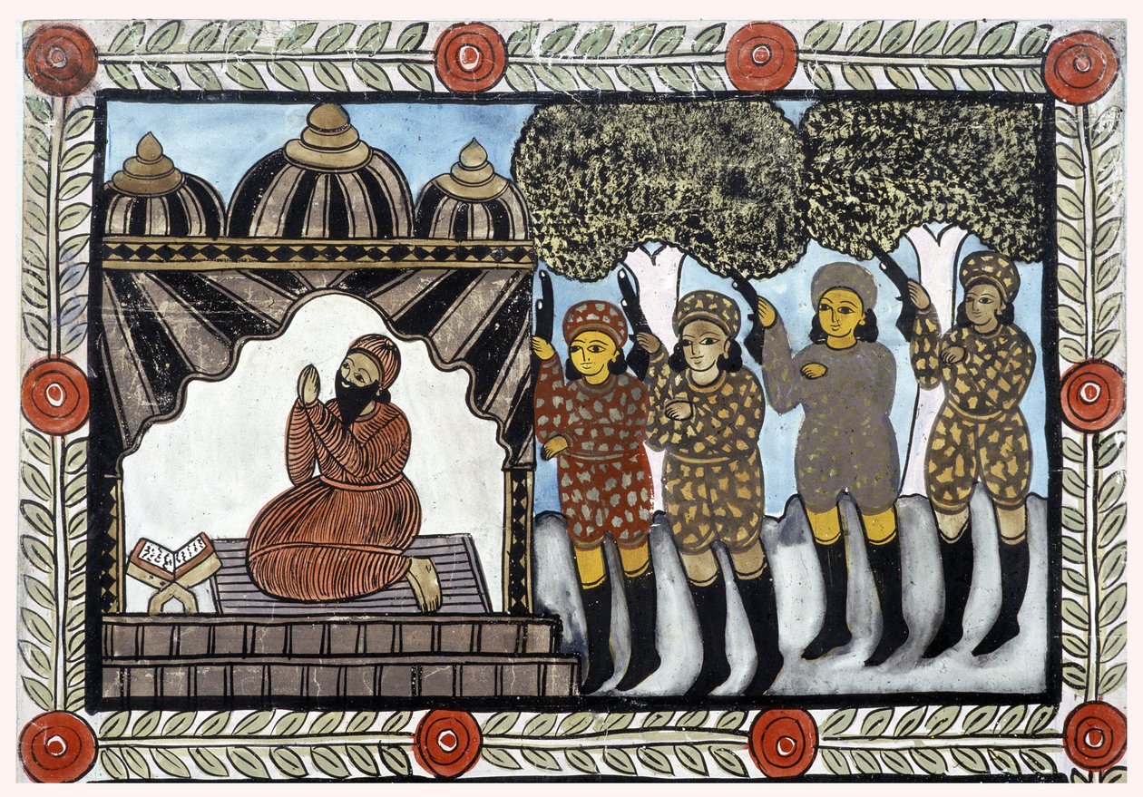 The story of the attacks of 11 September 2001 told by the peddlers Baul from Bengal. Painting, series, number 1/9, Bengal by School Indian