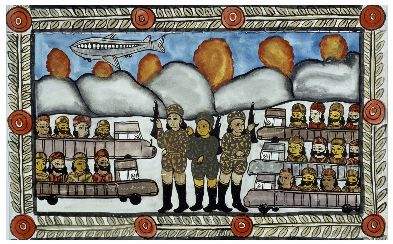 The story of the attacks of 11 September 2001 told by the peddlers Baul from Bengal. Painting, series, number 8/9, Bengal by School Indian