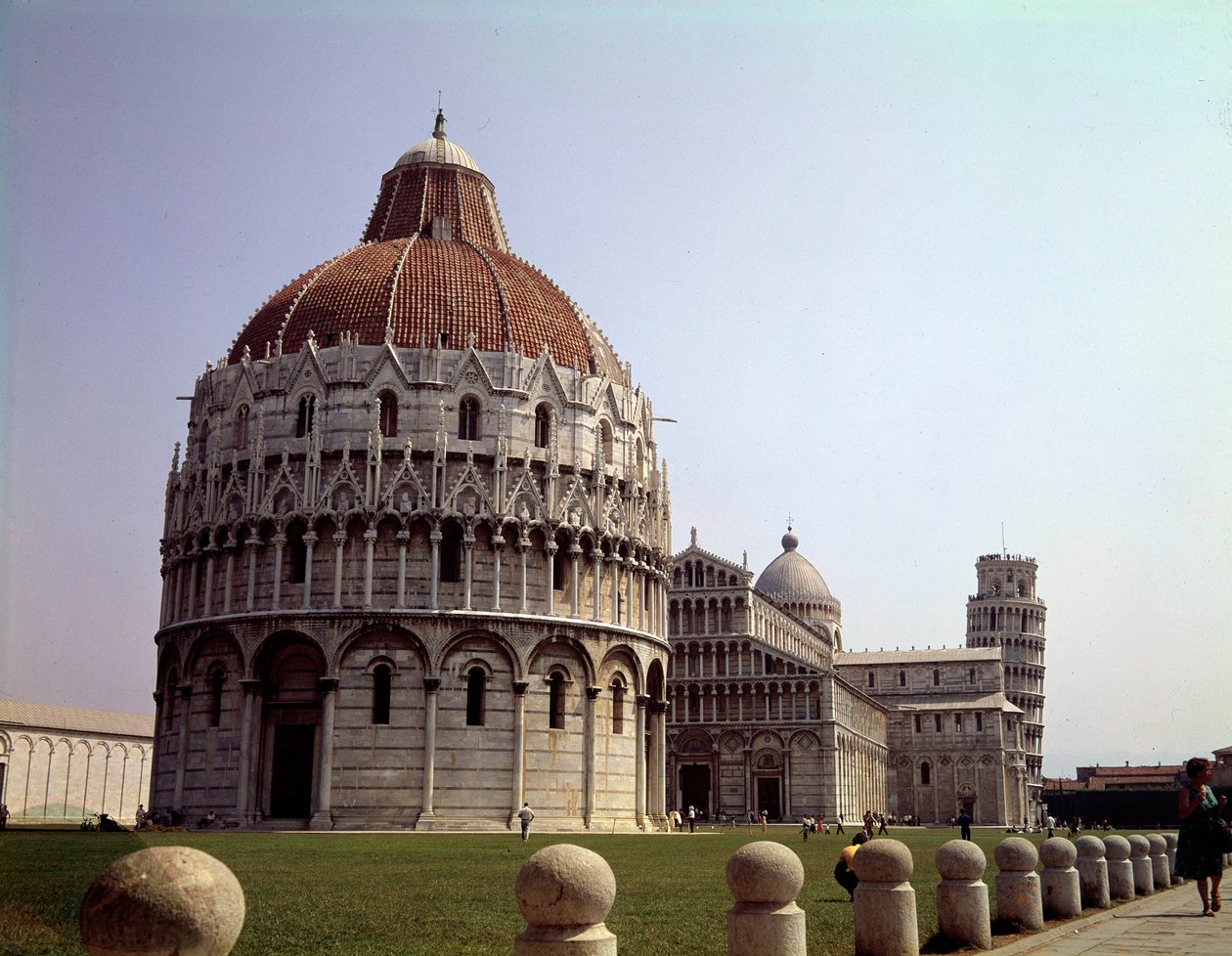 Medieval Architecture: View of the Baptistery, the Dome, and the Tower of Pisa on the Campo dei Miracoli, Italy by School Italian