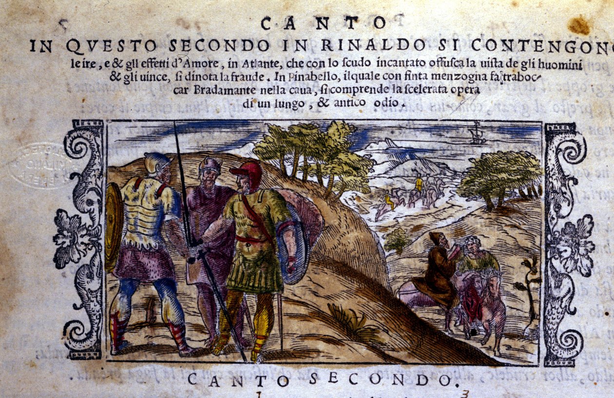 On the right Angelique meets a hermit who will stop the fight between Renaud and Sacripant for the horse Bayard - Scene taken from the knightly poem of 