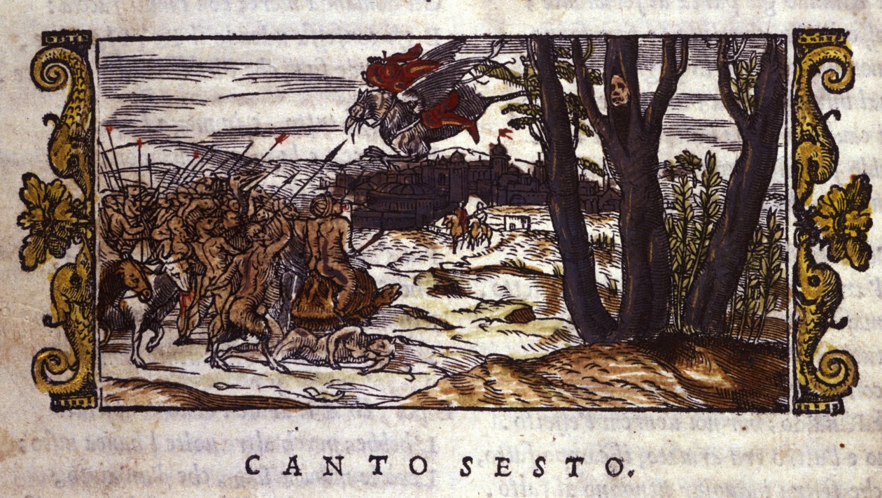 Ruggiero is carried by the hippogriff to the island of Alcina where he is attacked by an army of monsters, scene from Orlando Furioso by Ludovico Ariosto by School Italian