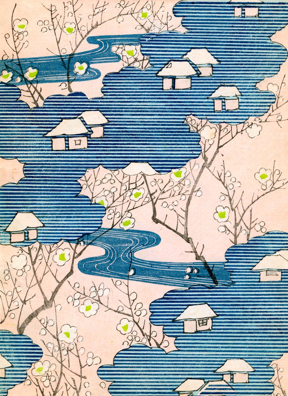 Pattern for a Kimono Design: Cottages with Rivers and Cherry Blossoms by School Japanese