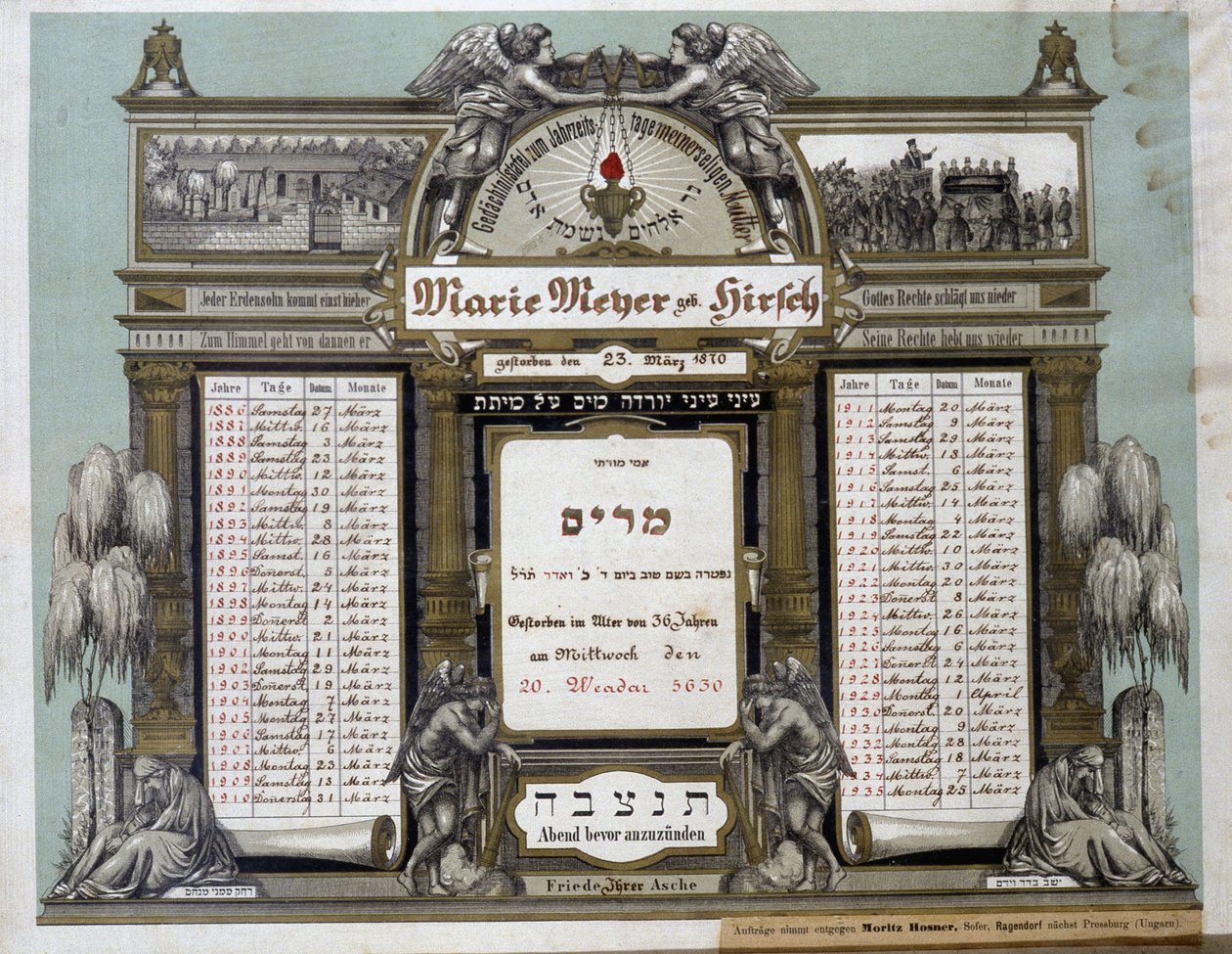 Memorial calendar for Future Mortuary Services of a deceased close relative. Jahrzeit painting. Jewish Museum Basel, Switzerland. by School Jewish