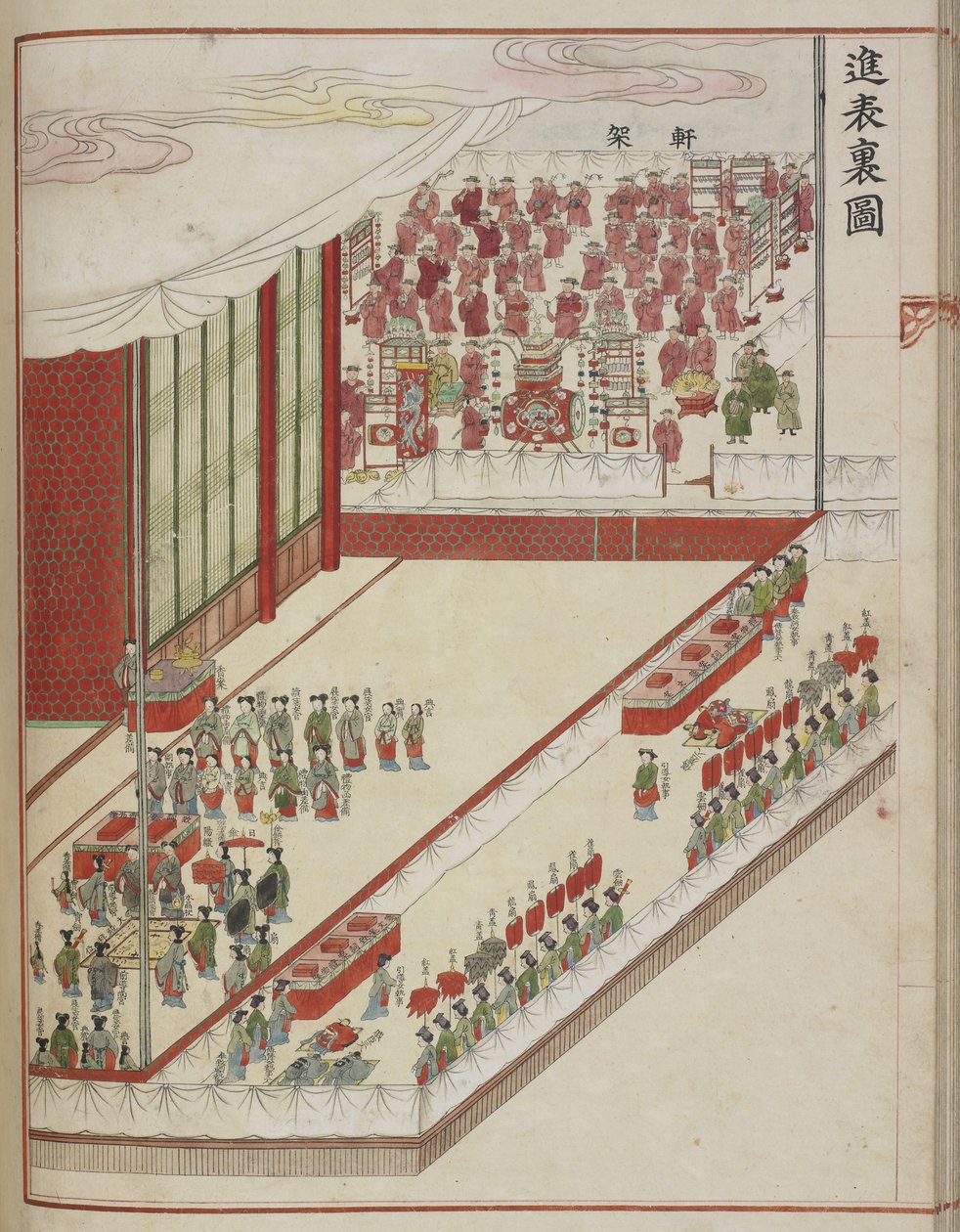 Korean court ritual. Page from a court manuscript showing the 60th anniversary of the consummation in 1749 of the marriage of Lady Hyegyong, and Crown Prince Sado by School Korean