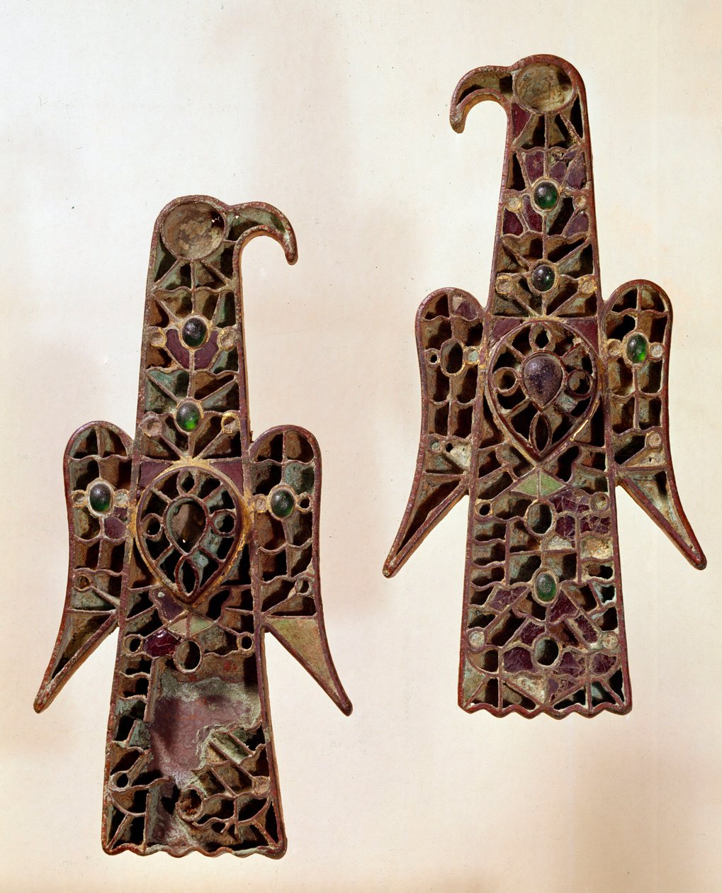 Merovingian Art: Pair of Fibulae (Safety Pin) Aqualiformes (Eagles). Enamel Cloisonné, 6th century, Merovingian Dynasty. From Castelsagrat. Musee Cluny, Paris by School Merovingian