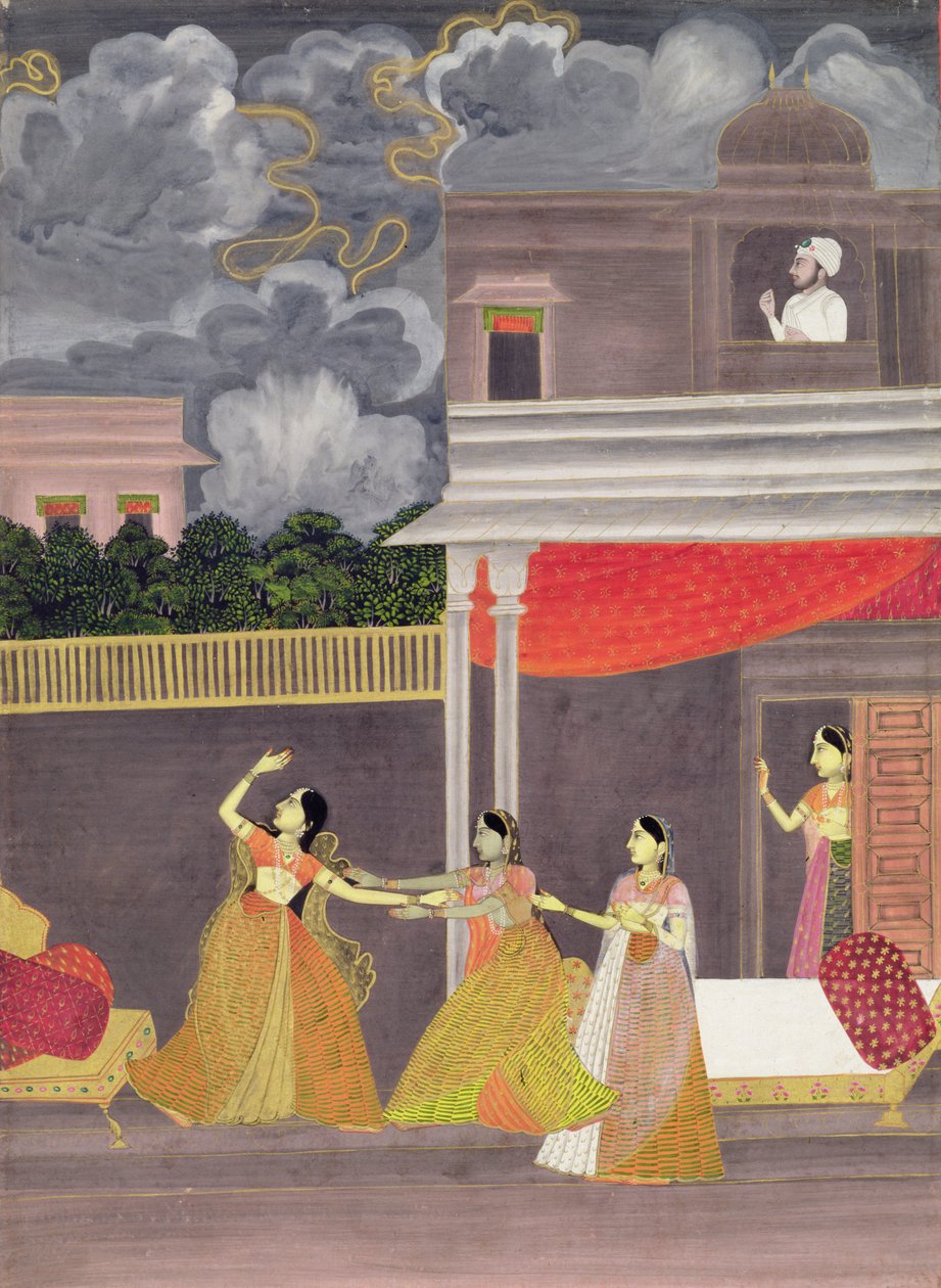 A lady brought in from a storm at night: illustration from the musical mode Madhu Madhavi by School Mughal