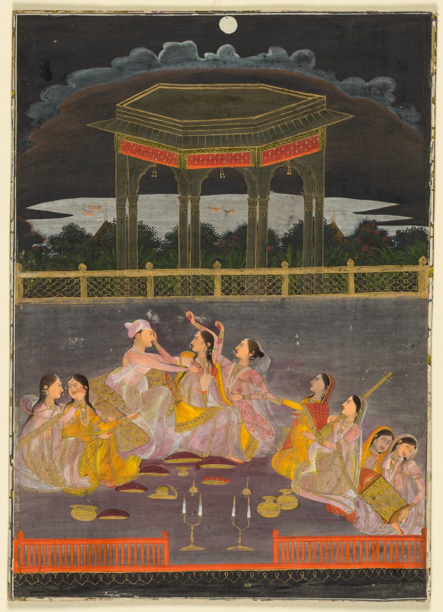 A prince celebrating Holi with palace women on a terrace at night; verso: calligraphy of a quatrain by School Mughal