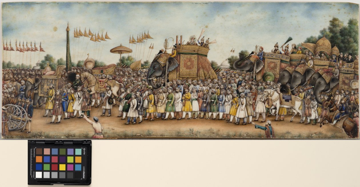 Akbar Shah II rides an elephant in a huge procession by School Mughal