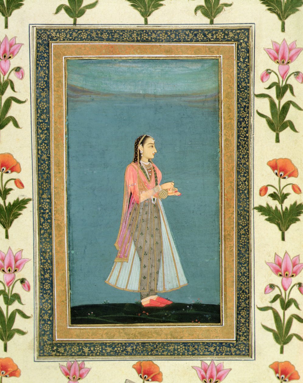 Lady holding a wine flask and cup, from the Large Clive Album by School Mughal