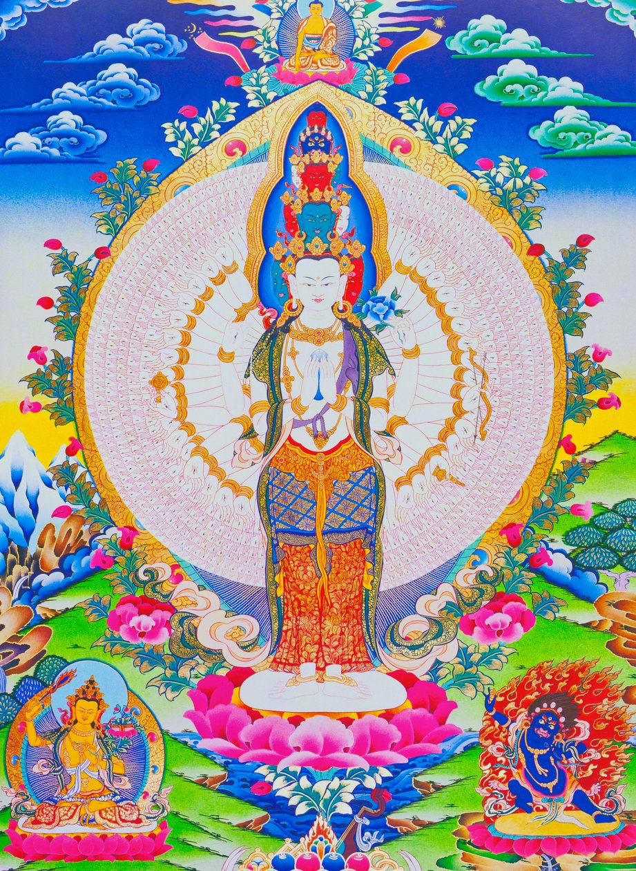 Image depicting the thousand arms Avalokiteshvara, the eleven headed Avalokiteshvara with thousand arms and 1022 eyes symbolising infinite compassion by School Nepalese