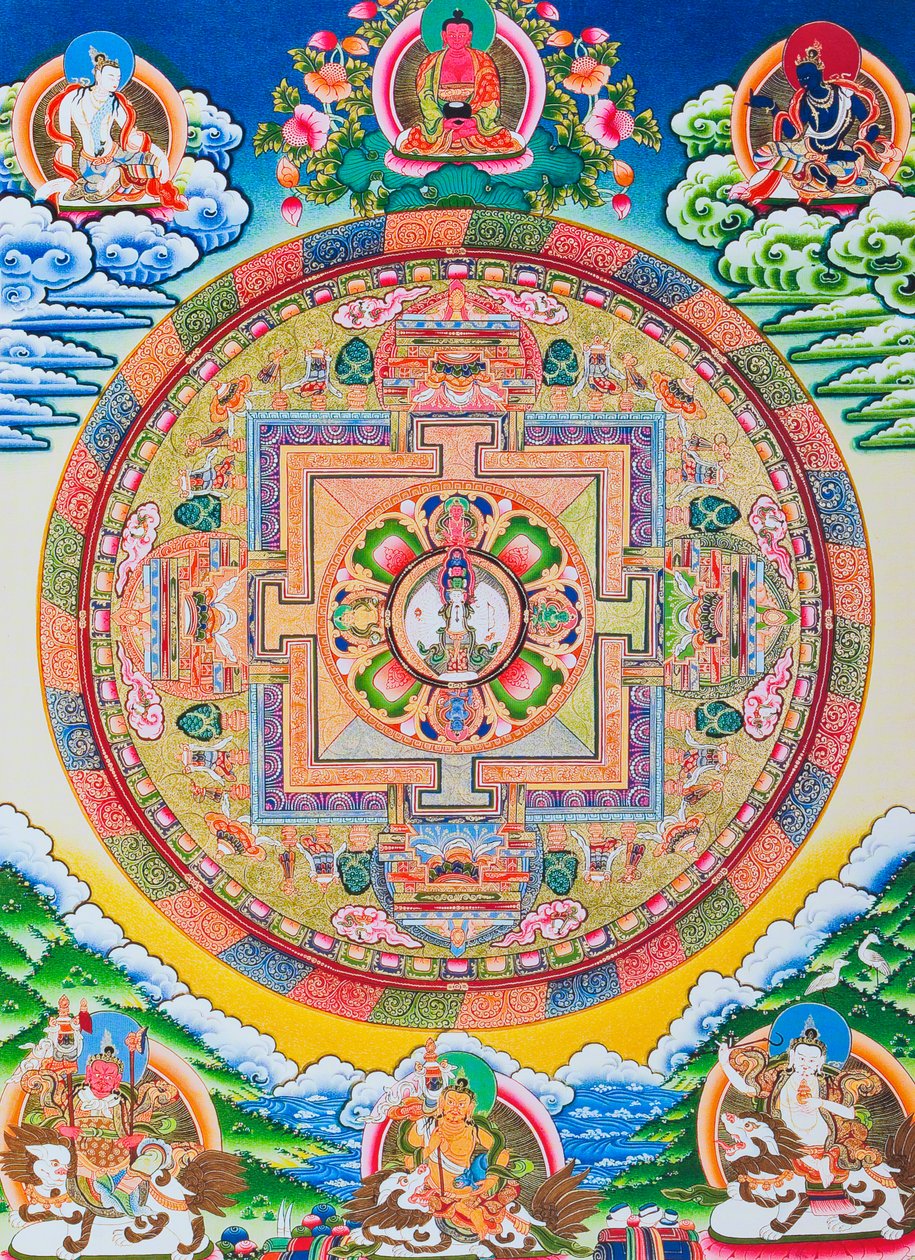 Mandala with one thousand arms Avalokiteshvara; the sacred, magical circle depicting the eleven headed Bodhisattva symbolising infinite compassion by School Nepalese