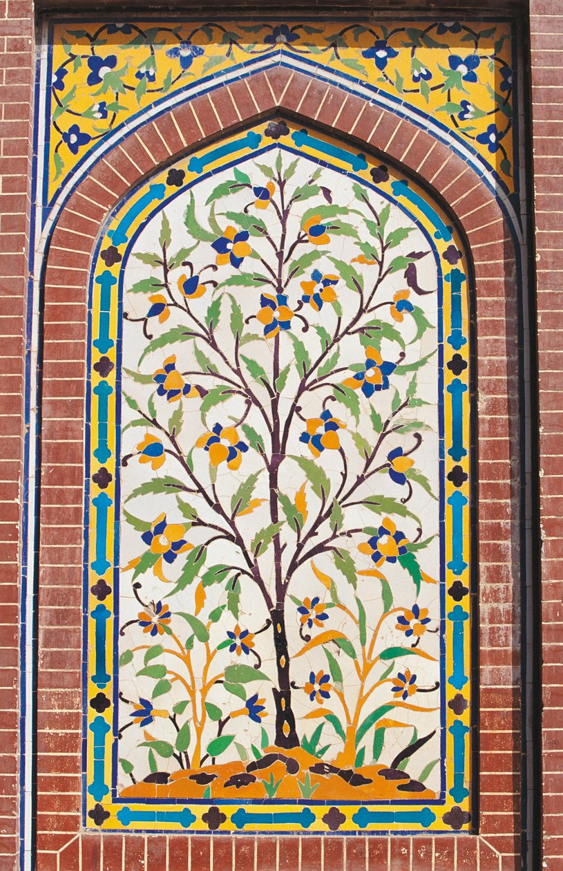 Flowering tree, Majolica decoration, Wazir Khan Mosque (17th century), Lahore, Punjab, Pakistan by School Pakistani