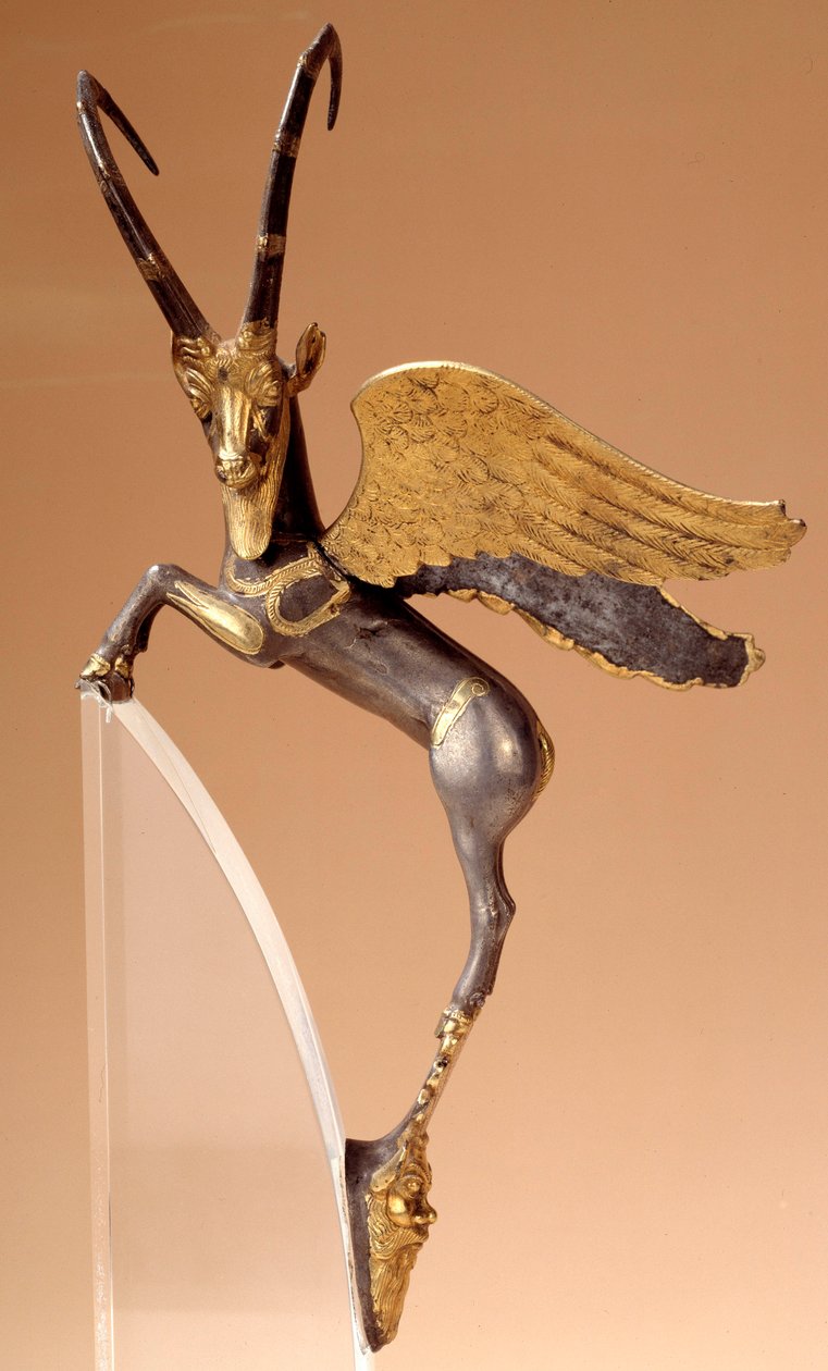 Ceremonial handle: winged ibex in silver, inlaid, gold. Achaemenid Persian period (6th-4th century BC), from Iran. Louvre by School Persian