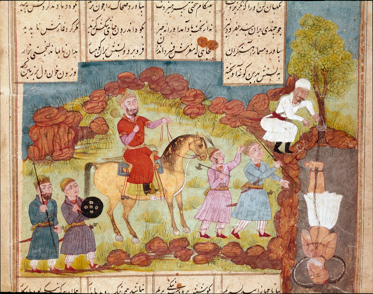 Islamic art: scene of torture of an enemy, burying alive at the foot of a tree. Persian miniature from a manuscript of the epic poem “Shahnameh” (Book of Kings) by Ferdowsi (ca. 940-around 1020) by School Persian
