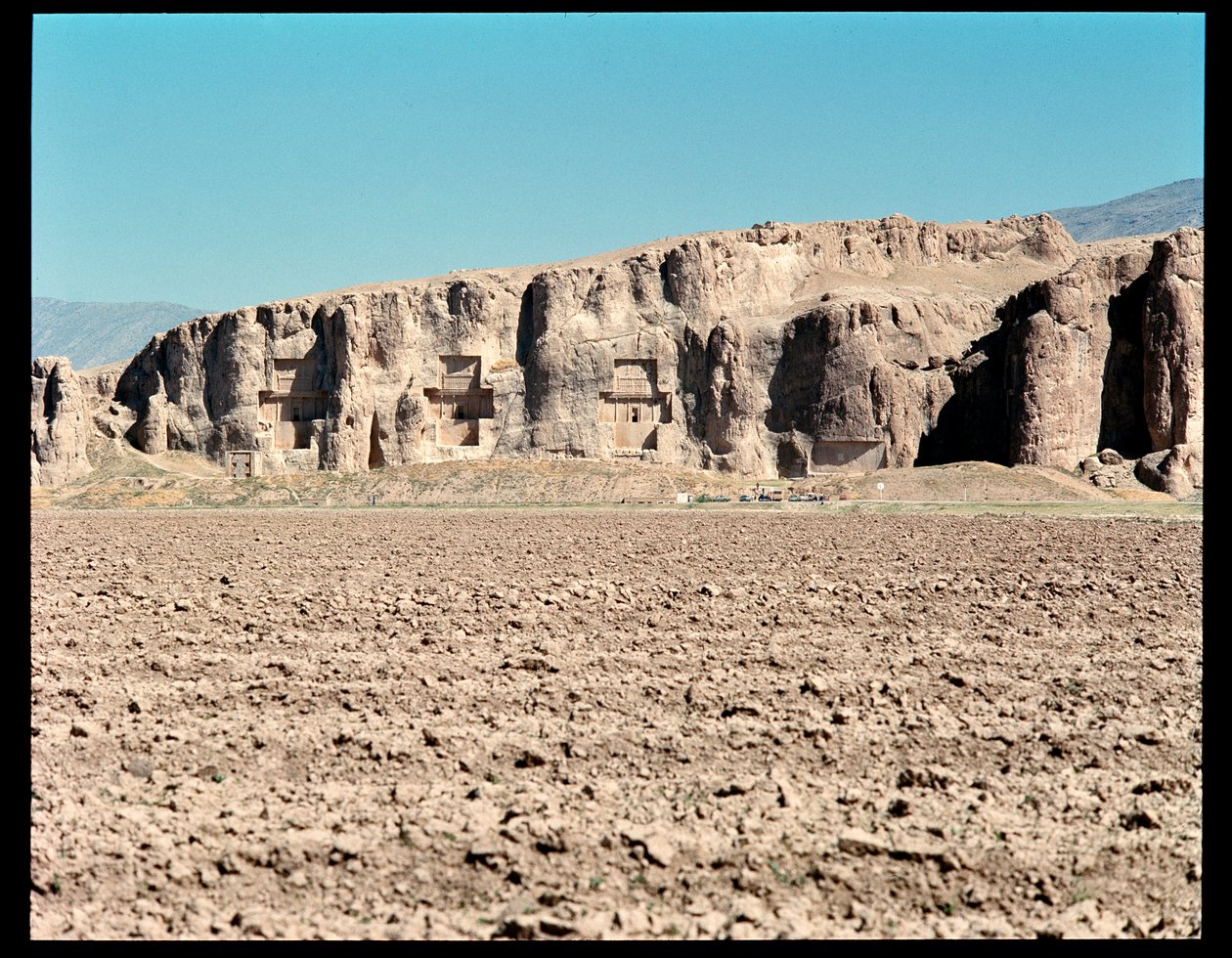 View of the Necropolis and the Four tombs belonging to Achaemenid kings, from left to right, Arius II, Artaxerxes I and Darius I the Great by School Persian