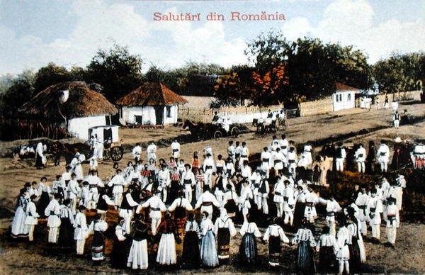 Postcard Depicting Romanians Dancing in a Village by School Romanian