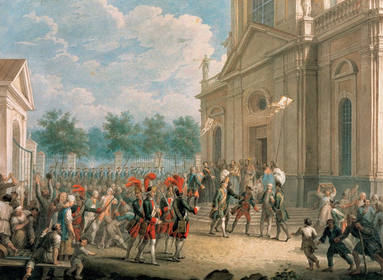 Catherine II on The Staircase of The Kazan Cathedral, Greeted by the Clergy on the Day of Her Accession to the Throne, June 28, 1762 by School Russian