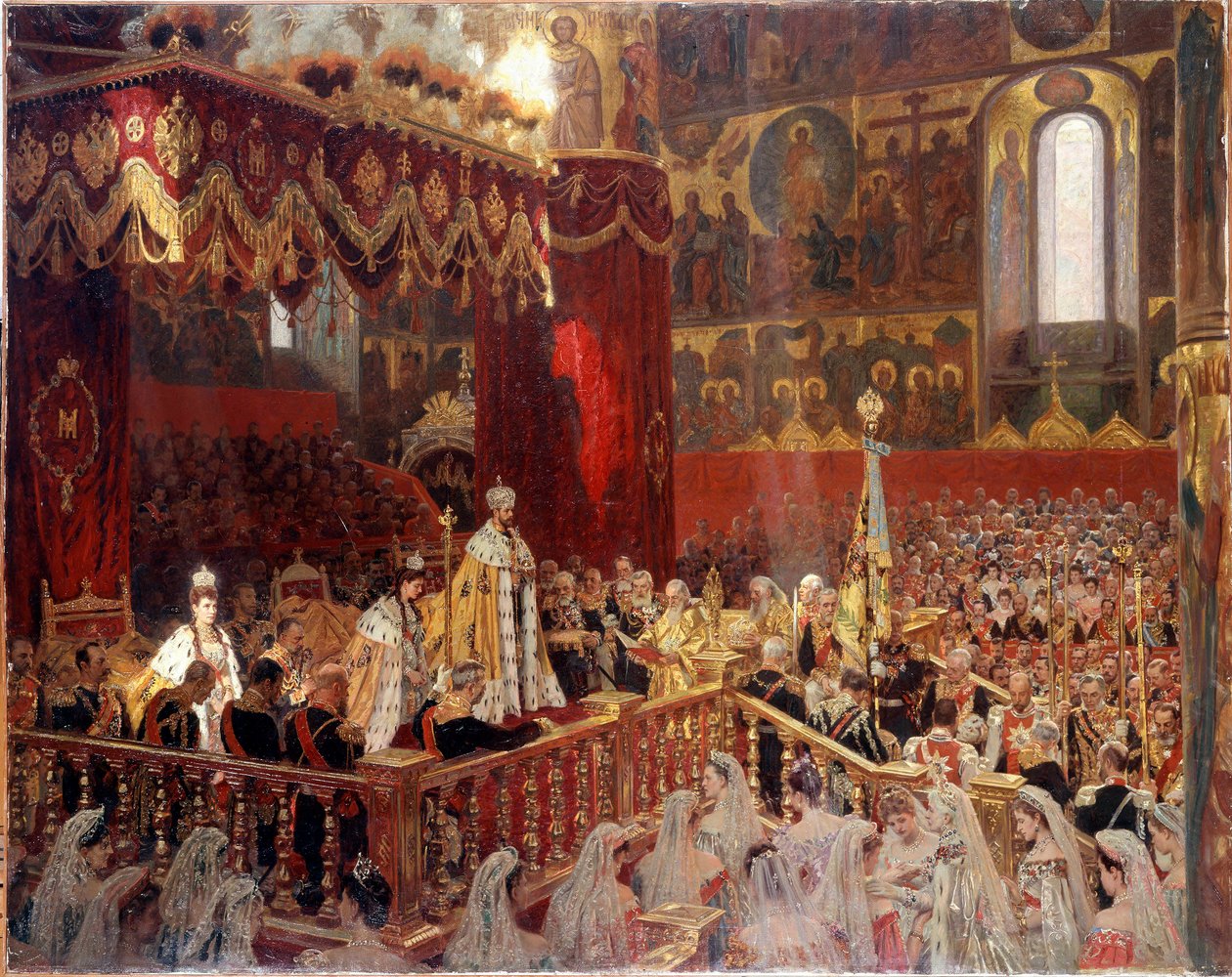 Coronation of Nicholas II in 1896 in Ousensky Cathedral in Moscow by School Russian
