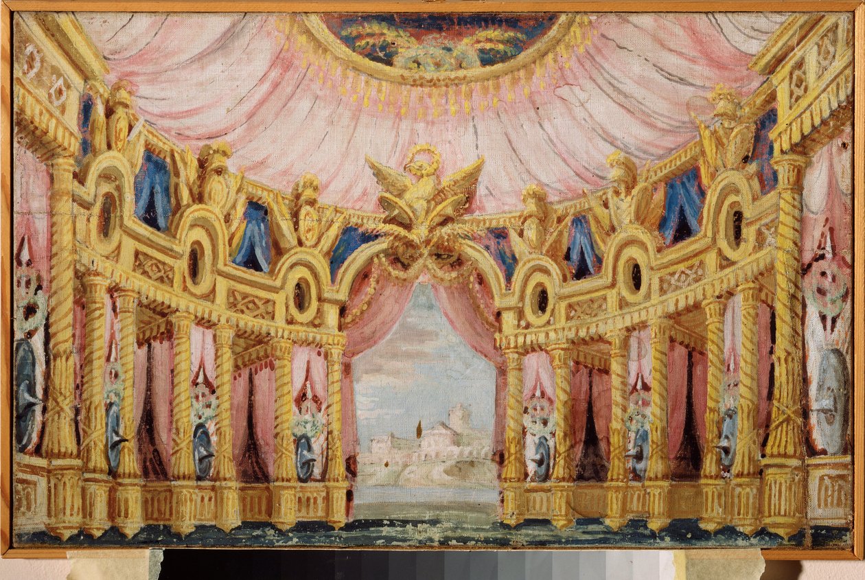 Hall with Colonnade. Preparatory Decor for a Play by School Russian