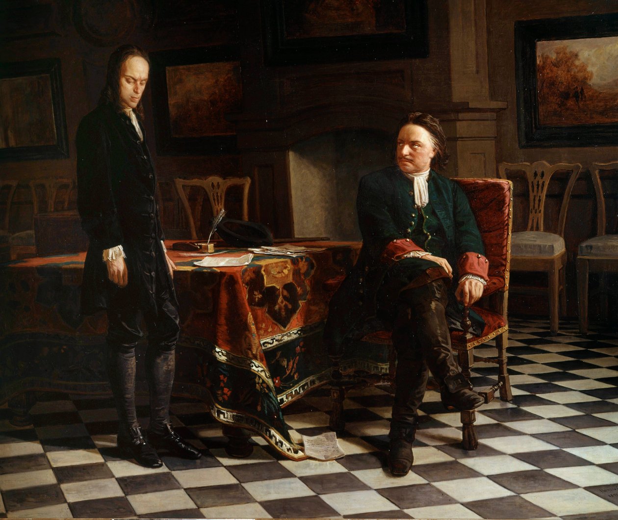Portrait of Peter I the Great, Russian tsar and his son Alexis by School Russian