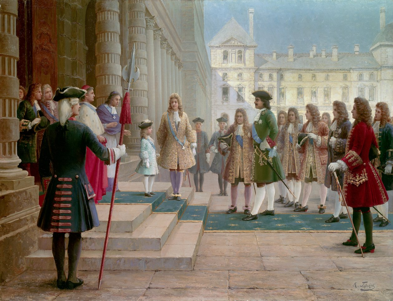 Tsar Peter the Great Welcomed by Louis XV as a Child in Versailles in 1717 by School Russian