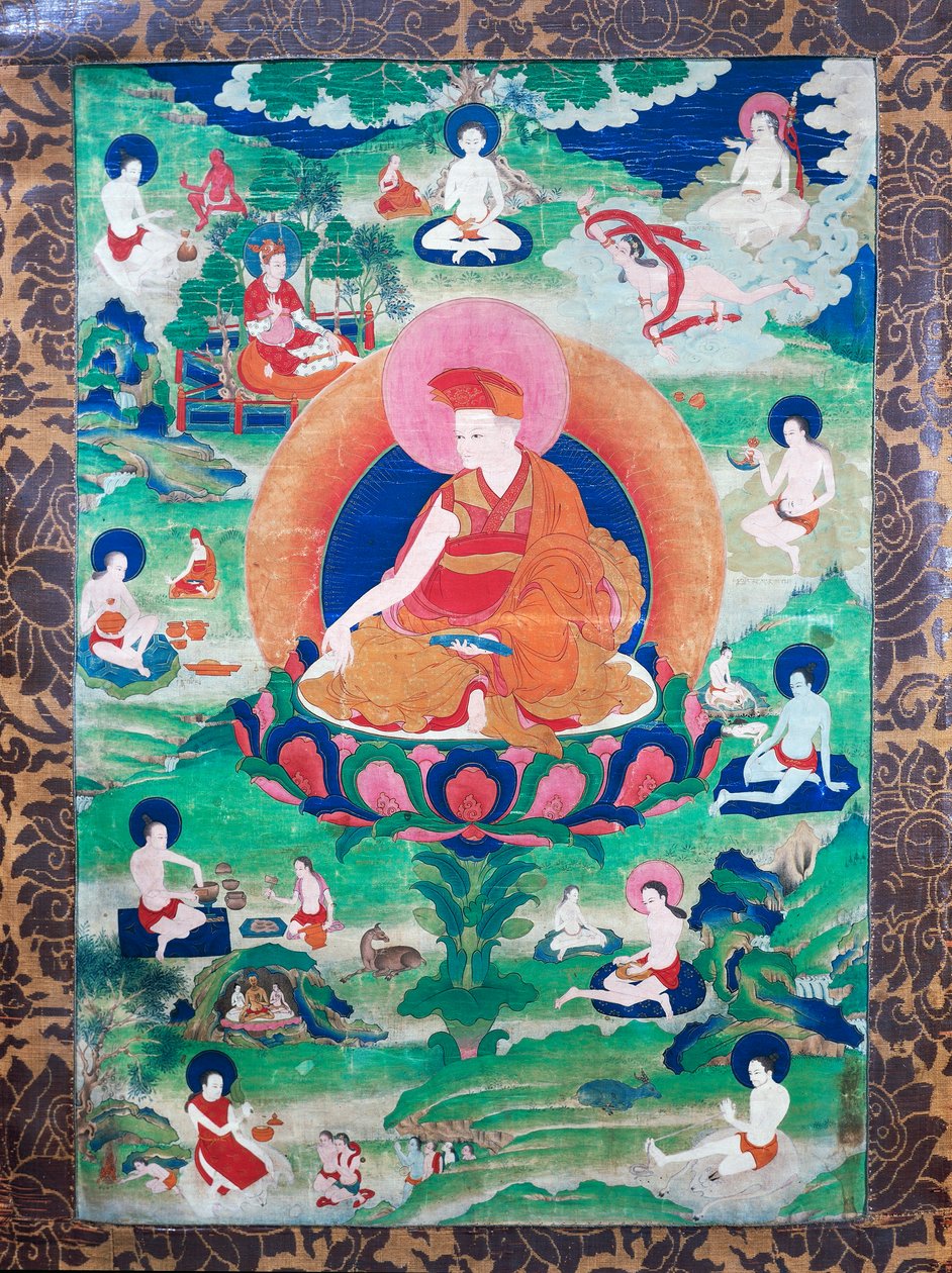 The Lama Rje-grags Rtod Iha-pa-pa-wang Graps with halo and encircled by numerous mahasiddha (yogis) by School Tibetan
