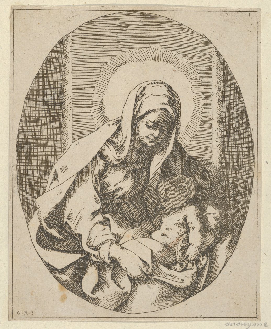 The Virgin holding the infant Christ on her lap, an oval composition, after Reni, 1620-50 by School of Guido Reni