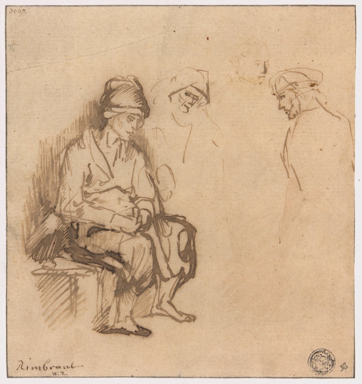 Woman Seated on Bench and Three Sketches of Heads by School of Rembrandt van Rijn