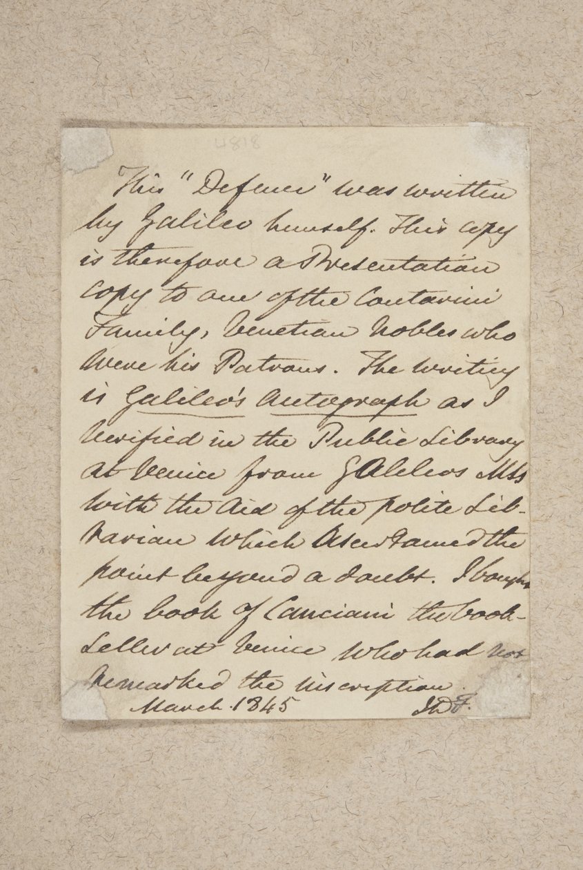 Note Pasted on to the Front Board of Difesa, 1845 by Scottish School