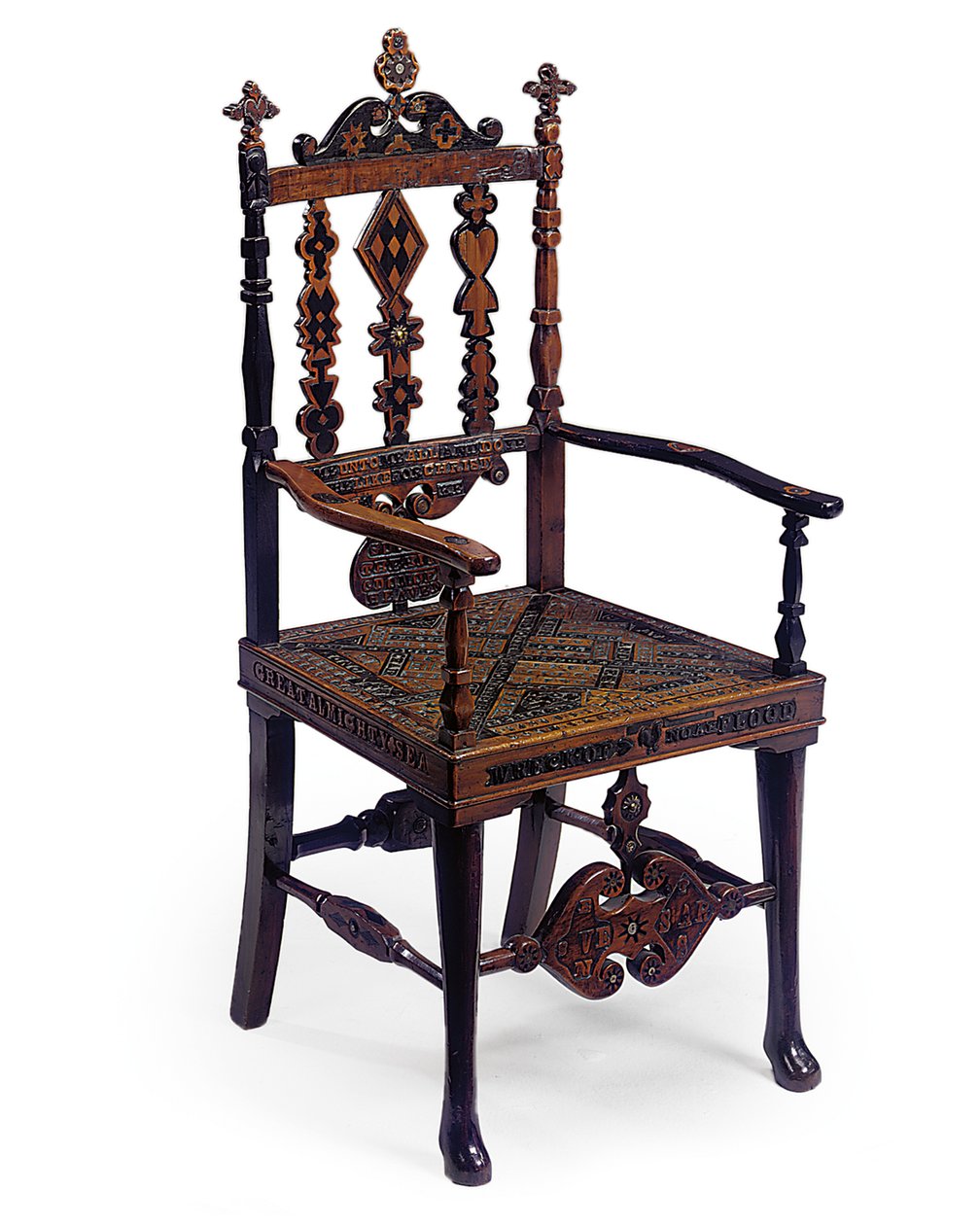 Inlaid and carved open armchair encoded with a patchwork of various phrases, early 19th century by Scottish School