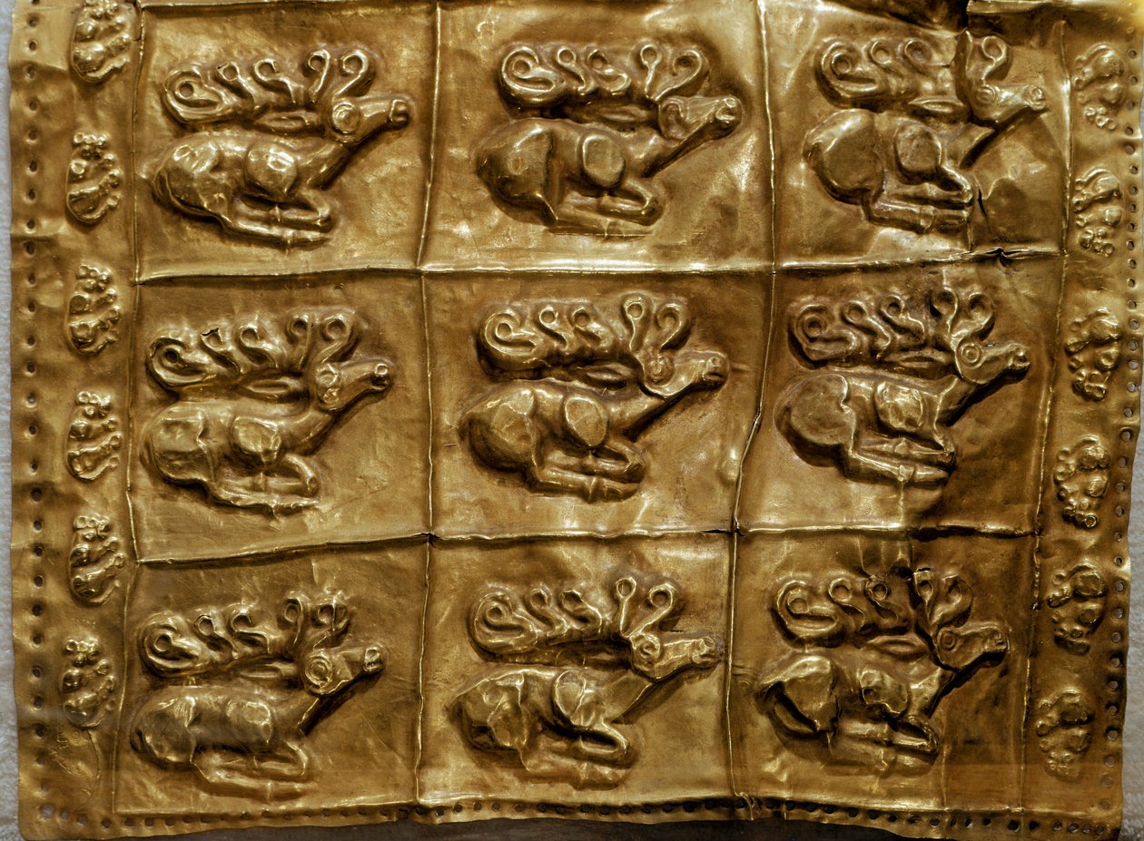 Scythian art: cover of gold quiver decorated with animals (deer). From Tumulus No. 4 in Kelermes, Krasnodar Region, Kuban, Russia, 7th century BC by Scythian