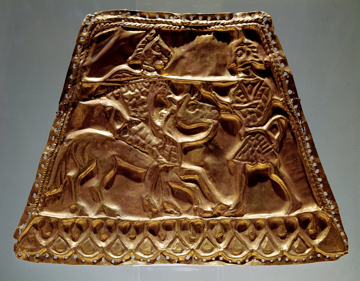Golden Sheet Showing a Horseman Attacking a Warrior with a Spear by Scythian